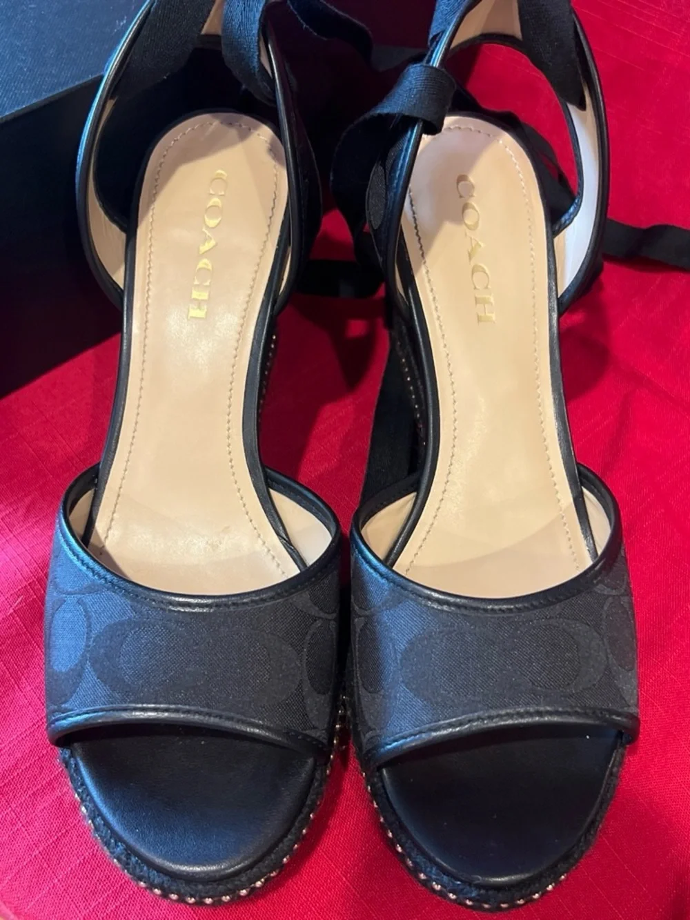 Coach Black Signature Espadrille Wedge Sandals with Gold Trim 9B